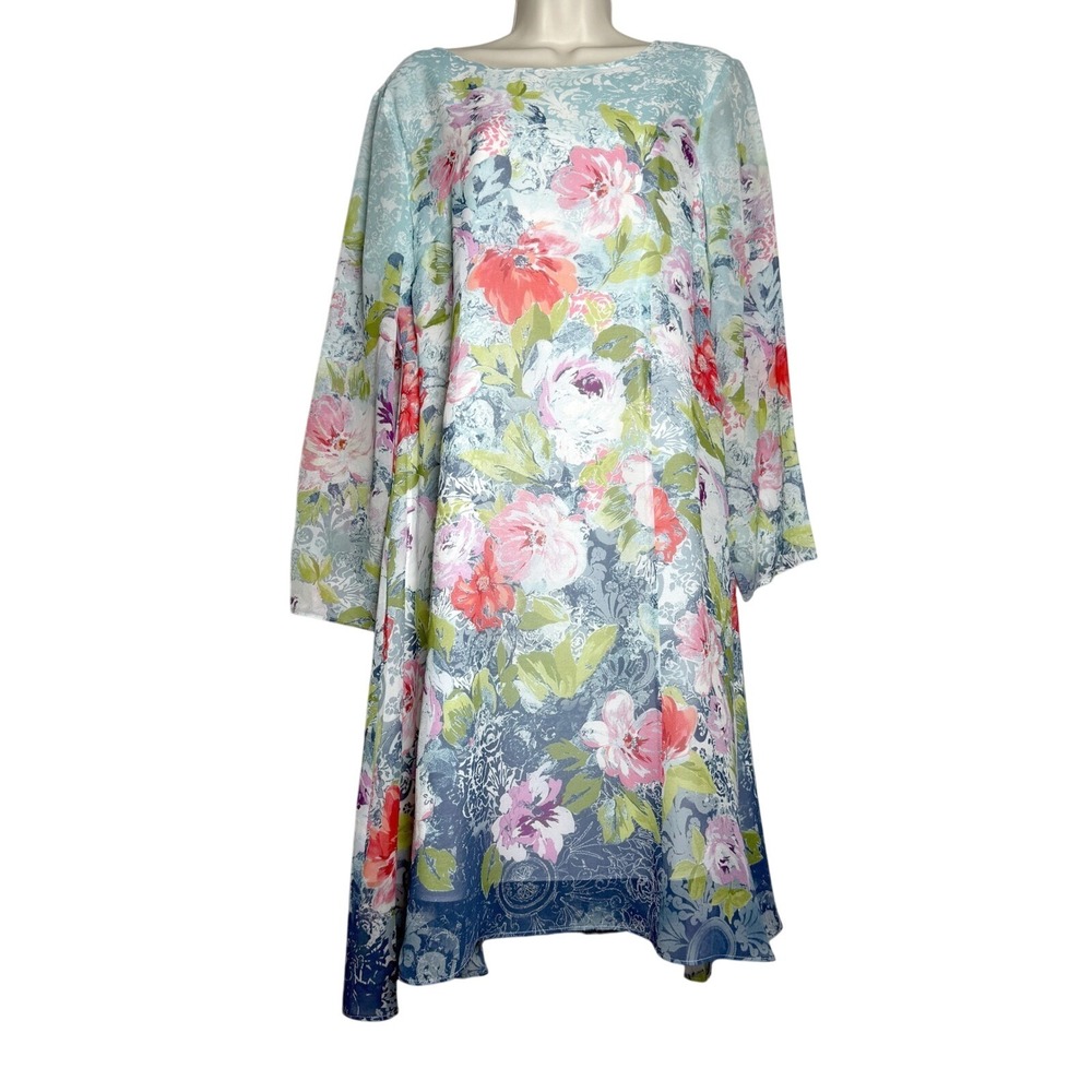 Sundance Womens Silk Dress M Blue Pink Floral Shift Long Sleeve‎ Event Brunch